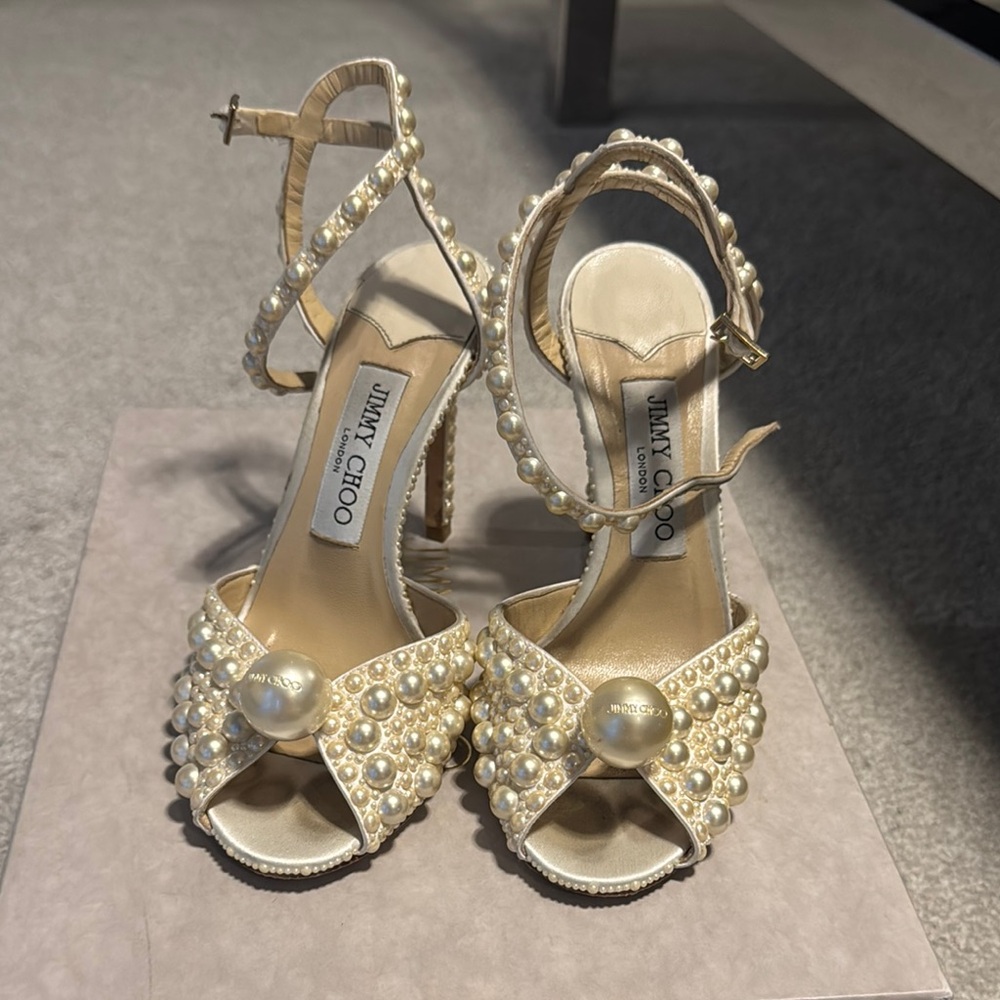 Jimmy Choo Sacora 100 Satin White w/ Pearl